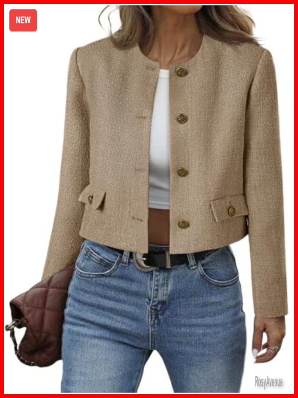 Cropped Tweed Blazer Collarless Button Down Bomber Jacket